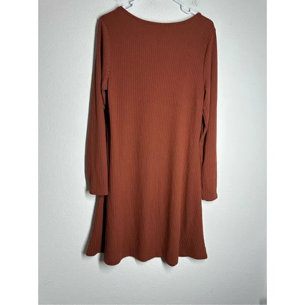 Old Navy Fit & Flare Rib-Knit Long-Sleeve Mini Dress Brown Size L Made